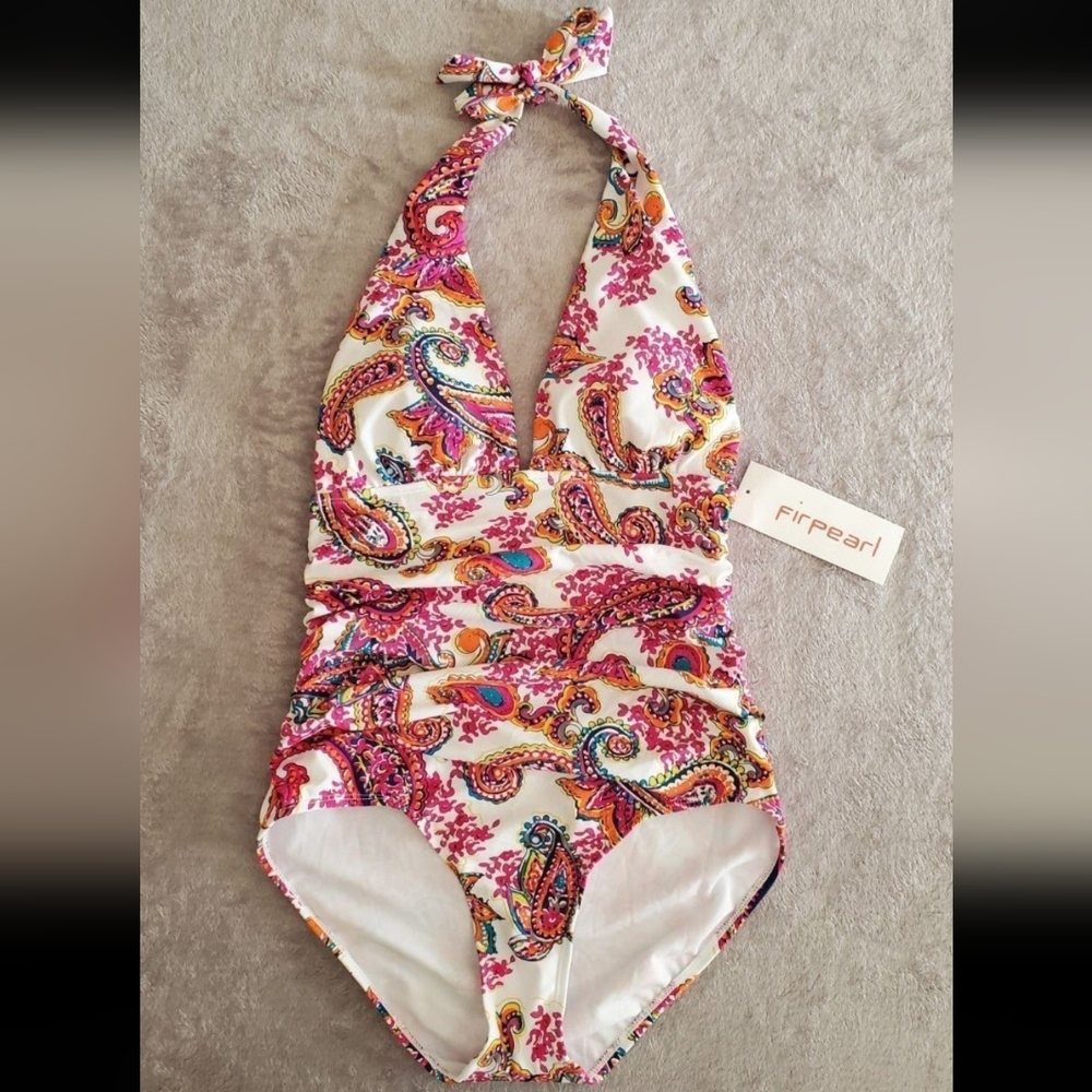 Pink and White Rouched Swimsuit